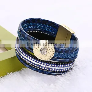 Bohemian Multilayer Rhinestone Crystal Magnetic Wide Velvet Leather Bracelet thumbnail-1