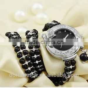 Fashin Alloy Chain Watch 2 Circles Rectangle Pearl Crystal Case Bracelet Luxury Ladies Watches thumbnail-3