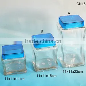 3 Sizes Clear Square Glass Cookie Jars Wth Blue Lid thumbnail-1
