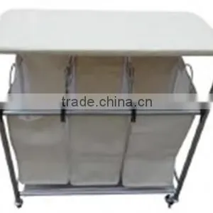 Hotel and Home Usage Triple Laundry Sorter With Ironing Board/3 Lift-off Fableable Landry Sorter thumbnail-5