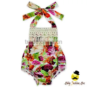 100%Cotton Summer Flower Printed Sleeveless Halter Fringe Toddler Baby Girl Floral Romper Harem Infant Newborn Clothes thumbnail-1