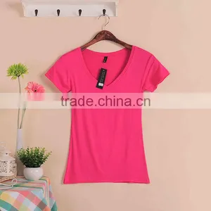 New Fashion Stretch Summer Women T Shirts Ms Solid Color Short Sleeve 100% Cotton v Neck t Shirt Women's Blank V-Veck T-Shirts thumbnail-2