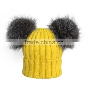 Myfur Yellow Color Wool Knitting Beanie Hat With Genuine Silver Fox Fur Pompoms thumbnail-1