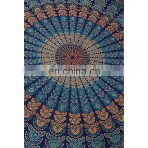 Blue Color 100% Cotton Peacock Mandala Queen Size Wall Hanging Indian Tapestry thumbnail-3