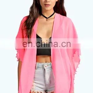 SOLID POM POM TRIM KIMONO Latest Beach Kimono Soft Polyester Fabric Embroidered Kimono thumbnail-1