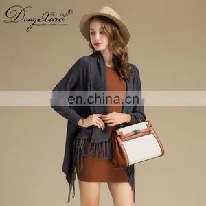 Latest Design Ladies Poncho With Tassel Solid Color Long Sleeves Cashmere Knitted Sweater for Autumn Short Length With Logo Back thumbnail-3