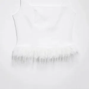 New Style European and American Style Solid Color Feather Trim Stretchy Bodycon Halter Top thumbnail-1