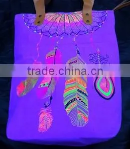 Hmong Indian Tote Neon Purple Canvas Bag Feather Pattern thumbnail-1