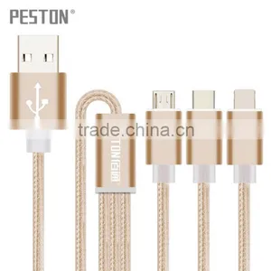 1.2m Nylon Woven Three Metal Plugs 3 in 1 Micro USB Cable Colorful Phone Cable for IPhone 6 6s Plus 5s Android Type C thumbnail-1
