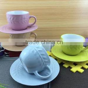Colorful 220cc Cup and Saucer With Relief Logo thumbnail-1