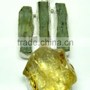 Green Kyanite & Citrine Rough Gemstone Pendant, 925 Solid Sterling Silver Pendant, Designer Raw Bezel Pendant thumbnail-2