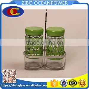 Set of 2 Round Glass Spice Jar Glass Condiment Jar With Metal Shelf thumbnail-1