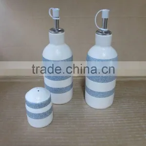 Round Ceramic Oil Olive Vinegar Bottle Set With Stripe Pattern thumbnail-1