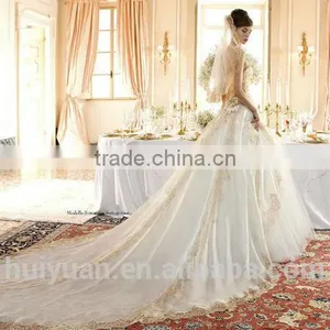 White Champagne Lace Strapless Ball Gown Cathedral/ Royal Train Wedding Dresses thumbnail-2