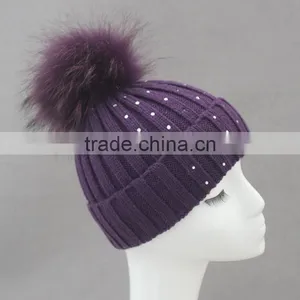 Myfur Fashion Style Diamond Ladies Wool Knitted Beanie Hat With Real Raccoon Fur Pom Pom thumbnail-4