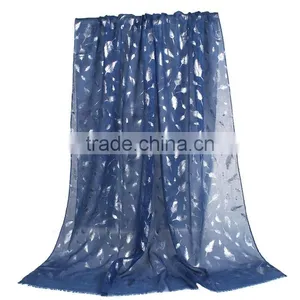 Cotton Polyester Blend Scarves & Wraps Rectangle Silver Blue Feather Scarf Wholesale thumbnail-1