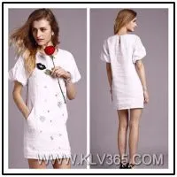 Women Fashion Puff Sleeve Short Dress Beaded Dress thumbnail-1