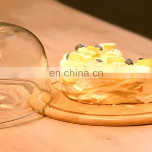 Flat Round Bamboo Cake Serving Plate Wood Dessert Stand Cheese Display With Dome Lid thumbnail-2