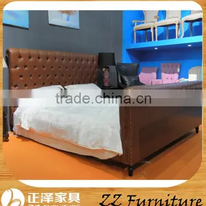 Neoclassic Style Bedroom Furniture Design Leather Vintage Wooden Bed Frame thumbnail-1