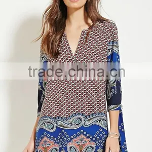 2016 V Neck Rayon Printed Loose Blouse Dress For Contemporary Women thumbnail-2