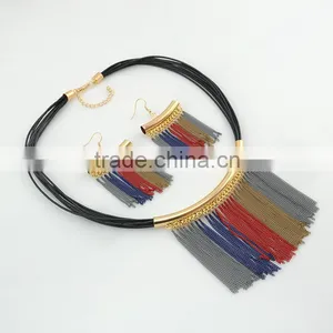 Fashion Leather Choker Necklace Witn Metal Tassel Earrings Costume Jewelry Set Supplier's Choice thumbnail-5