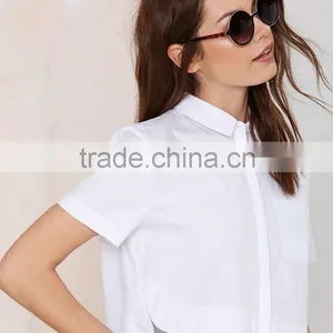 Lady's Slim Cotton Collared Solid White Shirt Short Sleeve Blouse thumbnail-3