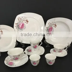 Fine Porcelain Sqaure Shape 12pcs 16pcs 24pcs Dinner Set With Popular Flower Decal Model Shape Design Dinner Plate thumbnail-1