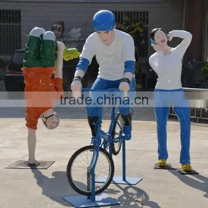 Outdoor FRP Man With Bicycle Statue thumbnail-1