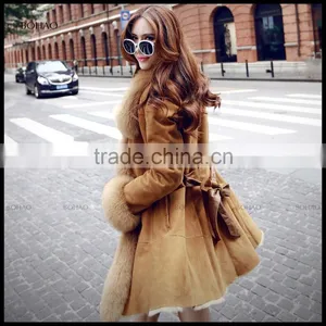 Fashion Imported Ladies Winter Faux Fur Suede Coat With Big Fur Collar Waist Jackets thumbnail-1