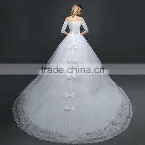 MGOO Elegant Old Castle Long Tail Wedding Dress Lao White Embroidery Off Shoulder 3/4 Long Sleeves Dress thumbnail-6