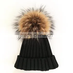 Myfur Adult Couple Beanie Hat With Real Raccoon Fur Bobble Wool Blend Hat thumbnail-2