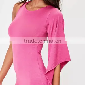 Round Neck One Shoulder Bat Sleeve Pink Women Short Bodycon Dress thumbnail-5