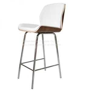 Modern Leather Cushion Wood Shell High Leg Bar Chair for Pub thumbnail-1