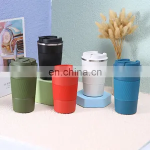 Portable Travel Coffee Mugs Customized Logo Service Stainless Steel Insulated Coffee Mug Cup With Silicone Cup Holder And Lid thumbnail-2