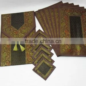 Indian Silk Table Runner With 6 Place Mats & 6 Coaster in Green Color Size 16*62 thumbnail-1