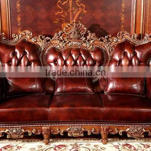 Luxurious Classic Solid Wood Hand Carved Leather Sofa, Hotel Lobby Leather Sofa Set(MOQ=1 SET) thumbnail-2