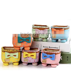 New Design Korean Style Bowknot Spots Small Ceramic Succulent Planter thumbnail-1