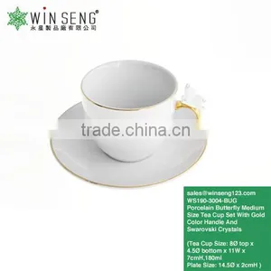 High Quality Porcelain Butterfly Medium Size Tea Mug Set With Gold Color Handle With Crystals thumbnail-1