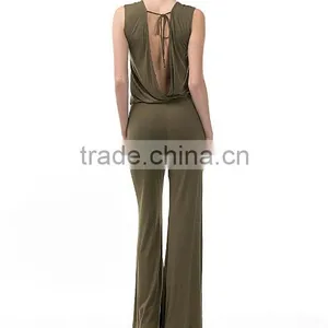 Jumpsuit Fashion New Design Super Soft Summer Full Length Trouser Wide Leg Olive Open Back Romper Jumpsuit Women 2017 Sleeveless thumbnail-4