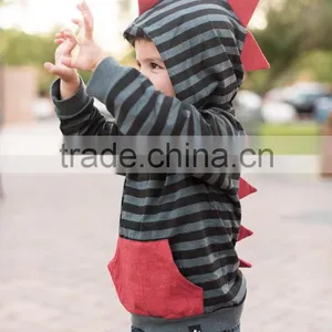 Long Sleeve Charcoal And Black Stripe Baby Children's Dino Hoodie thumbnail-1