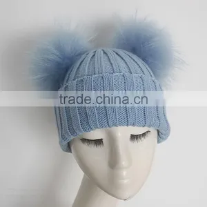Myfur Baby Blue Wool Crochet Knitted Hats With Double Removable Raccoon Fur Balls thumbnail-2