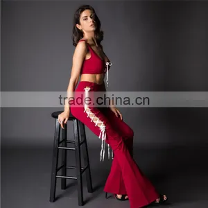 Runwaylover 100 New Fashion 2017 Ladies Suits , Women Sexy Crop Tops And Hollow Out Flared Pants thumbnail-1