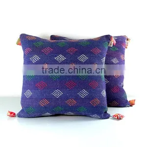 Pair of Purple Kantha Quilt Cushion Covers With Hmong Detail, Kantha Cushions, Kantha Pillow Case, Ooak thumbnail-3