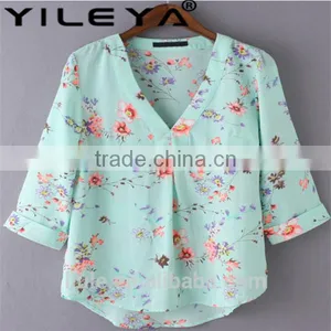 New Design Chiffon Blouses Medium Sleeve V-Neck Blouse Elegant Casual Loose Shirt thumbnail-1