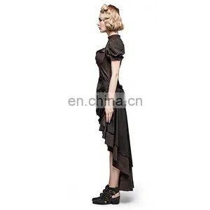 Steampunk Punk Rave Black Brown Short Puffed Sleeves High-low Long Dress Q-315 thumbnail-3
