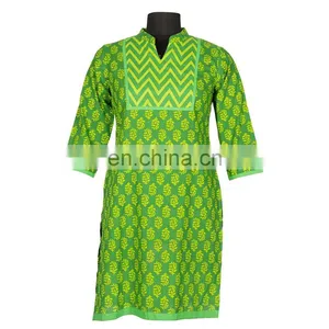 GREEN PRINTED WITH YOKE NEHRU COLLAR FRONT PLEATS 100% COTTON INDIAN STYLE thumbnail-2