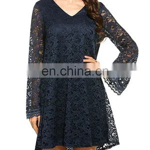 New Design Women's Elegant Lace Dress Summer Sexy V Collar Crochet Dress thumbnail-5