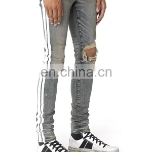 DiZNEW Dirty Indigo White Side Broken Track Ripped Denim Jeans Men thumbnail-7