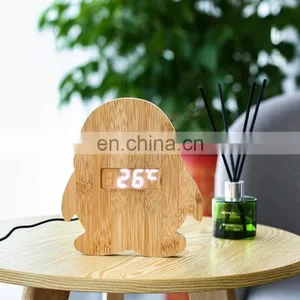 Eco Friendly Animal Penguin Shape Table Top Bamboo Electronic LCD Digital Alarm Clock thumbnail-3