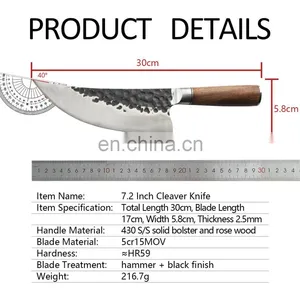7.2 Inch Professional Forged Hammered Stainless Steel Kitchen Chopping Knife Meat Cleaver With Rose Wood Handle Butcher Knife thumbnail-2